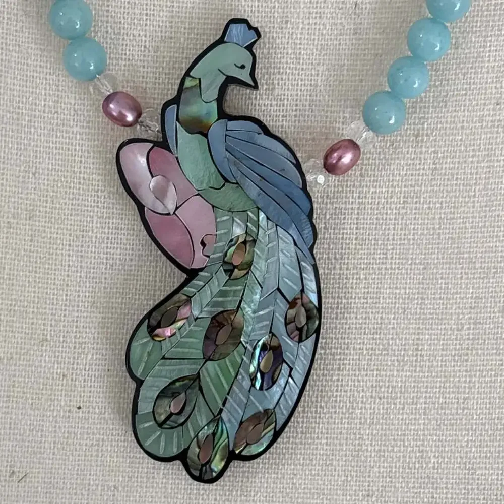 Lee Sands Blue Pink Shell Inlay Peacock Necklace Chaledony Beads Pink Pearls 21